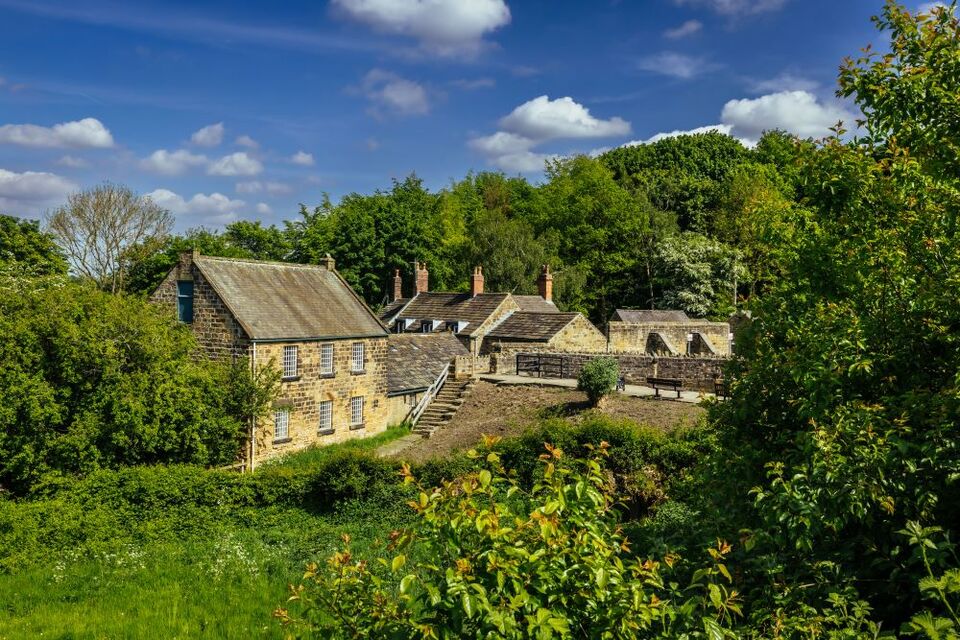 A picturesque rural scene with several stone houses surrounded by lush greenery and trees.